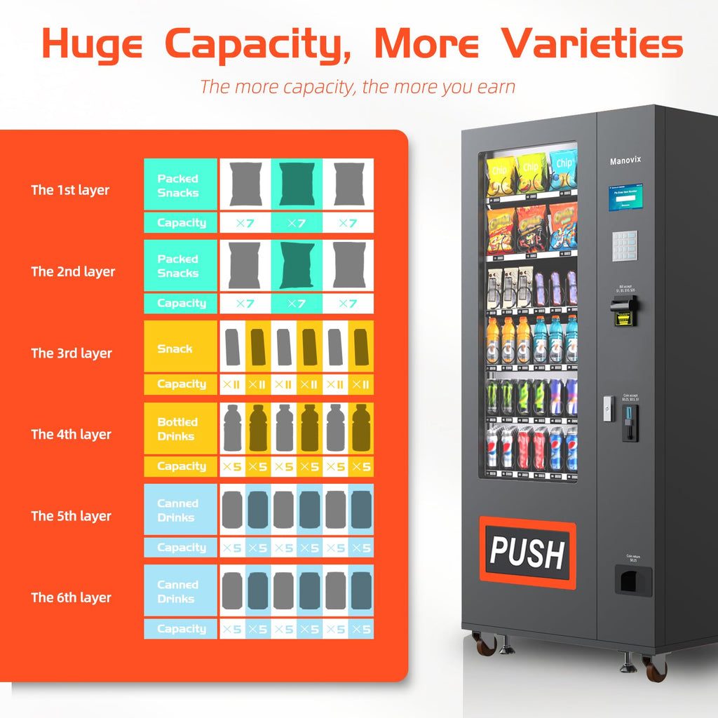 Beverage Snack Combo Commercial Vending Machine for Business with Credit Card Reader & Bill and Coin Acceptor Refrigerated Cold Drink soda with Temp Control Touch Screen