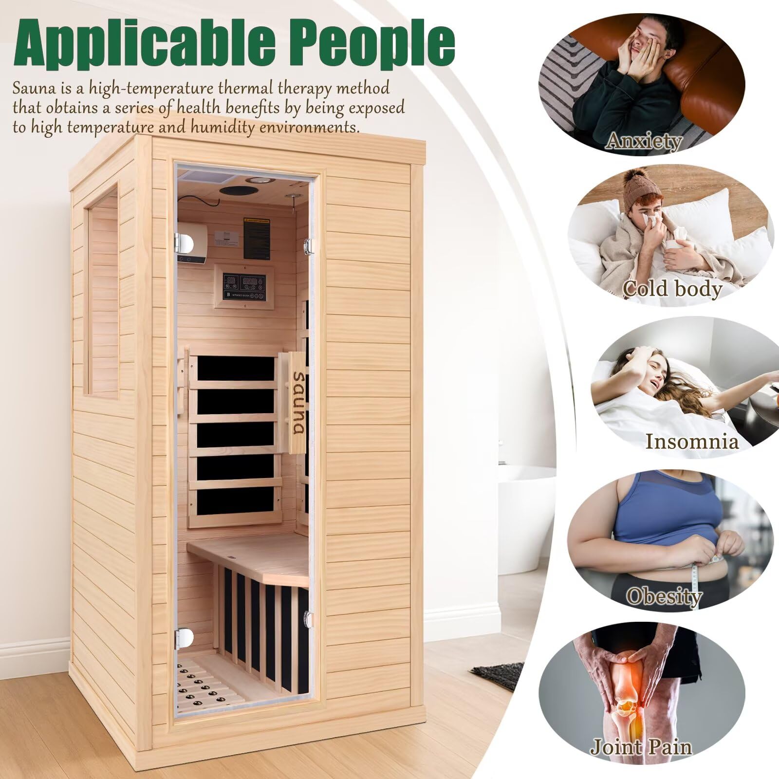 1350W Far Infrared Home Sauna, Energy-Efficient Fast-Heating Indoor Sauna Room with Bluetooth & 7-Color Therapy, Canadian Hemlock Wood, Modular Design - Ideal for Home Gym, Family Relaxation