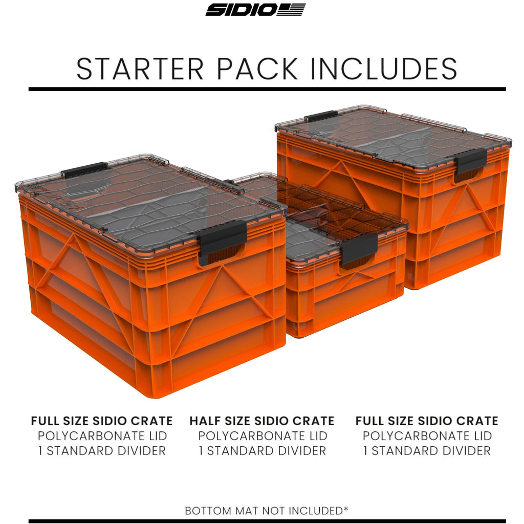 SIDIO CRATE Starter Pack - Two Full Size and One Half Size SidioCrate, Stackable Outdoor Organizer Storage Bins with Clear Lid and Dividers - Tan