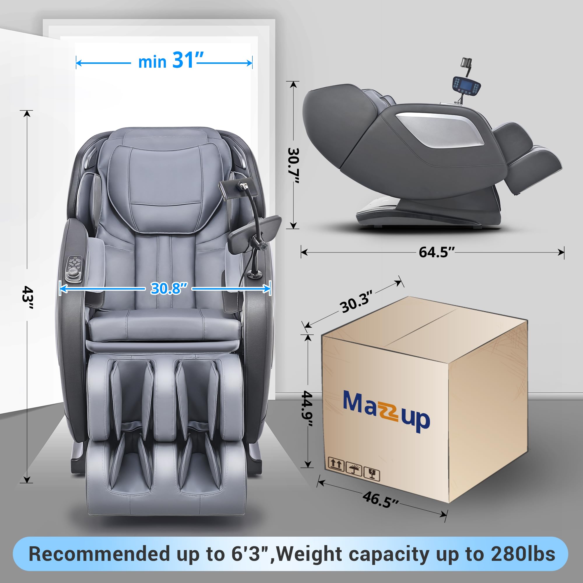 Mazzup Massage Chair Full Body with Heat, Full Body Zero Gravity Shiatsu Massage Chair, Kneading Recliner w/ 20 Auto Modes, Foot Massage, Bluetooth, USB Charging Port, Touch Screen Controller