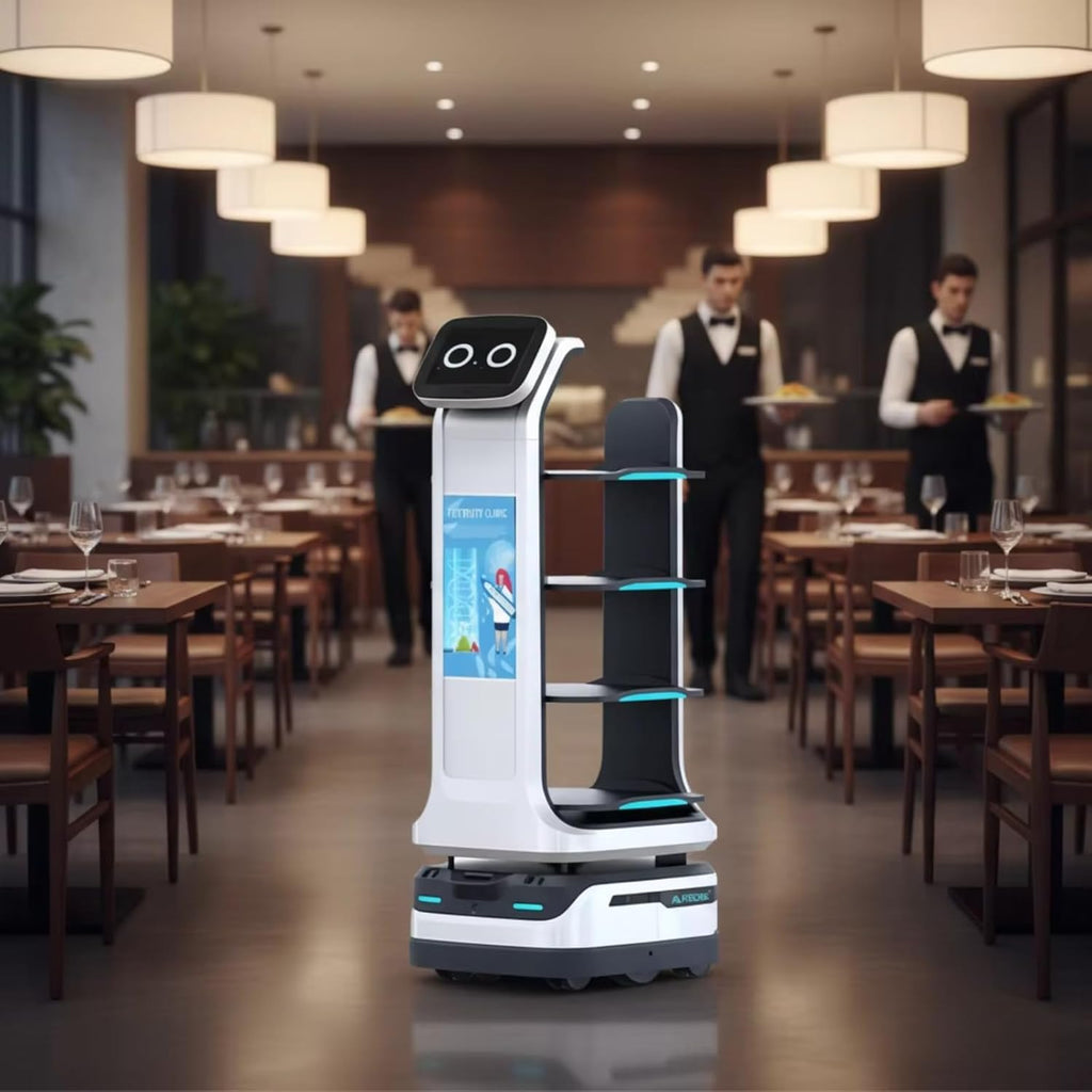 Interactive Smart Waiter Robot for Restaurants – Food & Drink Delivery, Large Tray Capacity, Autonomous Indoor Navigation, Automatic Obstacle Avoidance, Self-Charging, Contactless Meal Serving