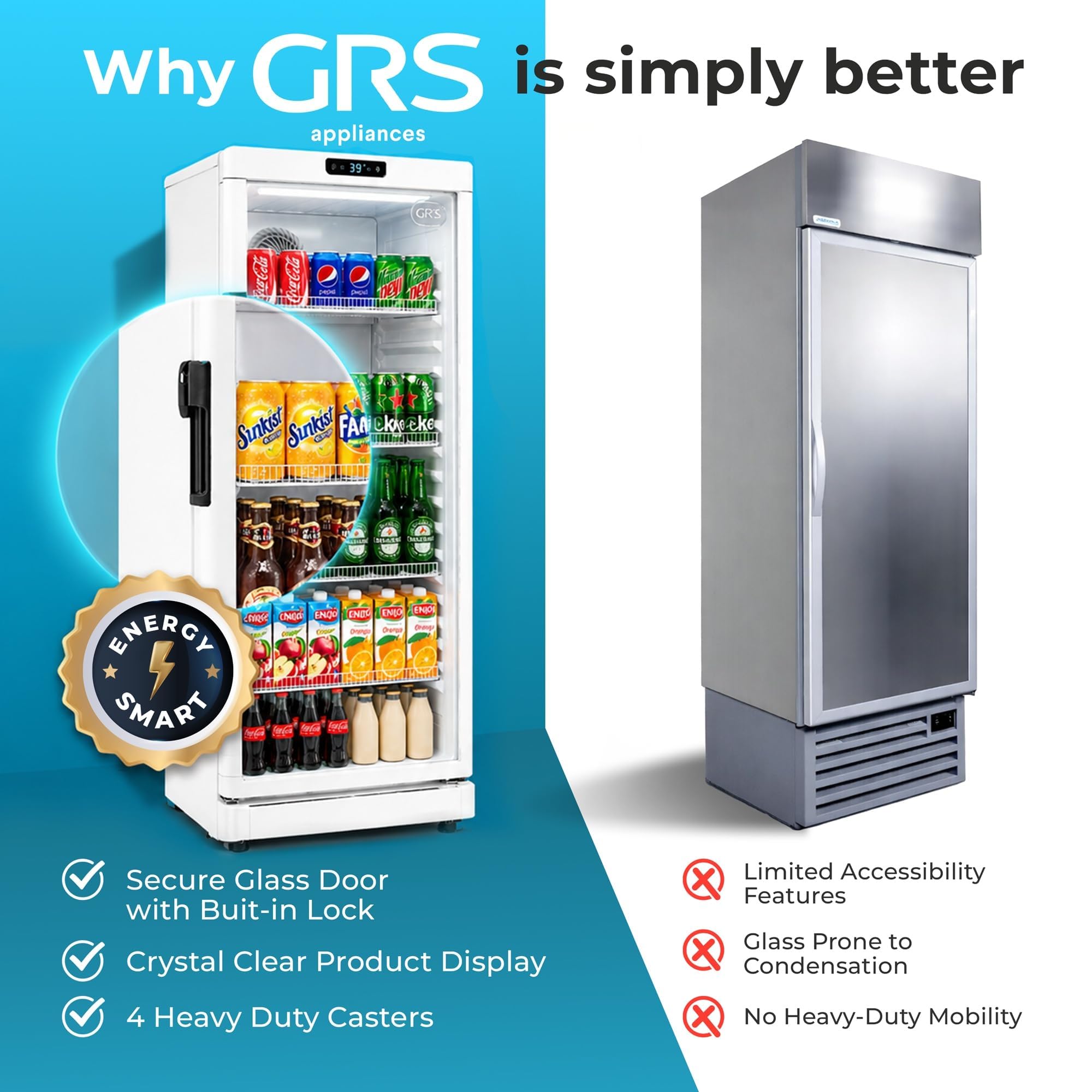 GRS Commercial Display Refrigerator with Glass Door Lock | Cool Air Flow & Temperature | Beverage fridge, Drink and Wine Cooler with Adjustable Display Shelf for Stores and Bars | Black, 7.1 Cu. Ft