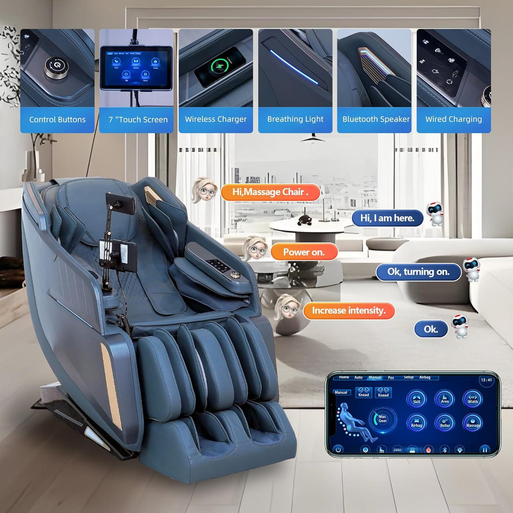 4D Massage Chairs Full Body Recliner with Heat Zero Gravity 57'' SL Track Shiatsu Massage Chair for Home Office with AI Voice, 7" Touch Screen, Wireless Charging,Neck & Shoulder Relief