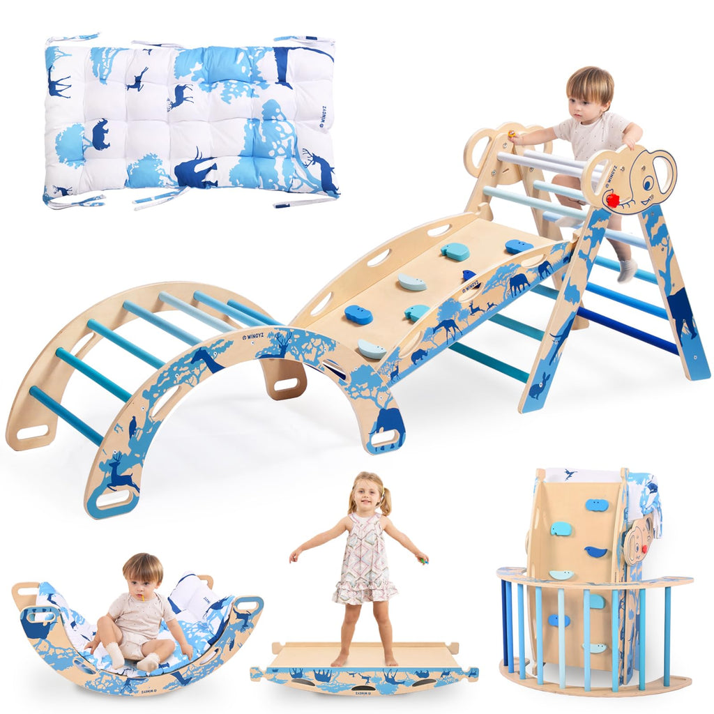 WINGYZ Pikler Triangle Set, Montessori Foldable 8-in-1 Jungle Gym & Reversible Animal Slide, Patent-Protected Climbing Set, Safe 2.35" Gap ASTM F963 Standards for Toddlers 18 Months-5 Years (Rainbow)