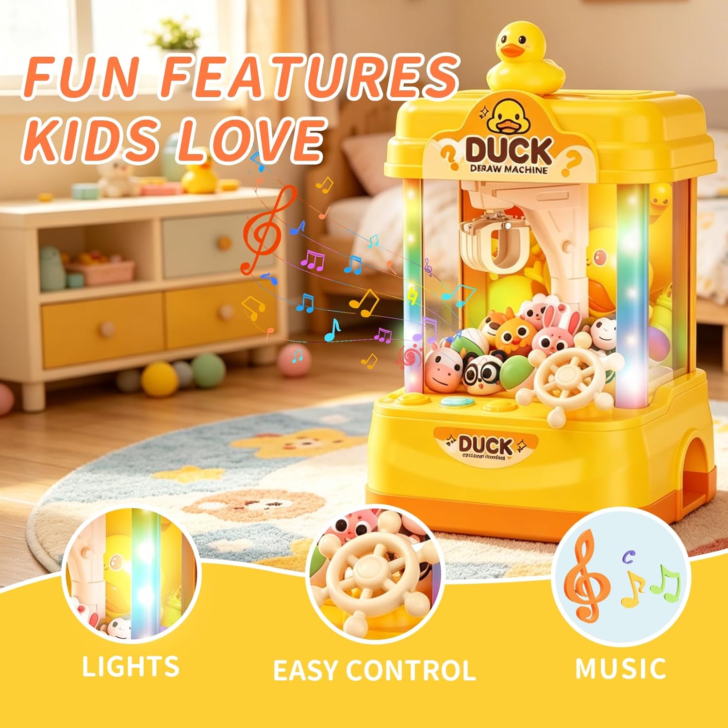 Duck Claw Machine for Kids, 13 Inch Mini Claw Machine Arcade Toy with Plush Toys, Capsules, Lights and Music, Toy Claw Machine for Kids, Family Game Prize Dispenser, Birthday Gift for Boys Girls