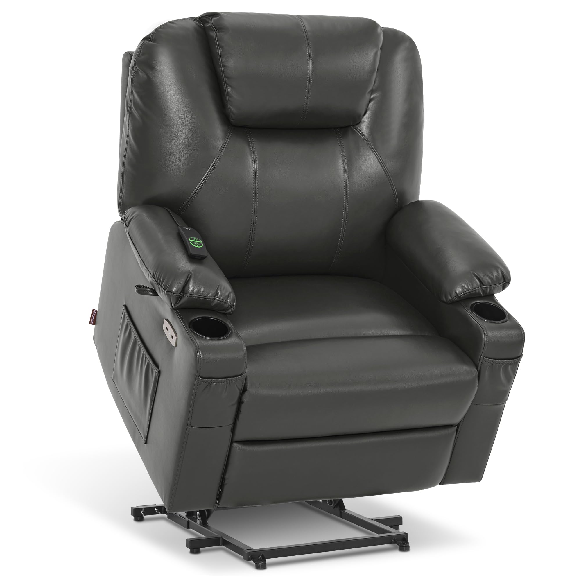 MCombo Electric Power Lift Recliner Chair Sofa with Massage and Heat for Elderly, 3 Positions, 2 Side Pockets, and Cup Holders, USB Ports, Faux Leather 7040 (Grey, Medium)