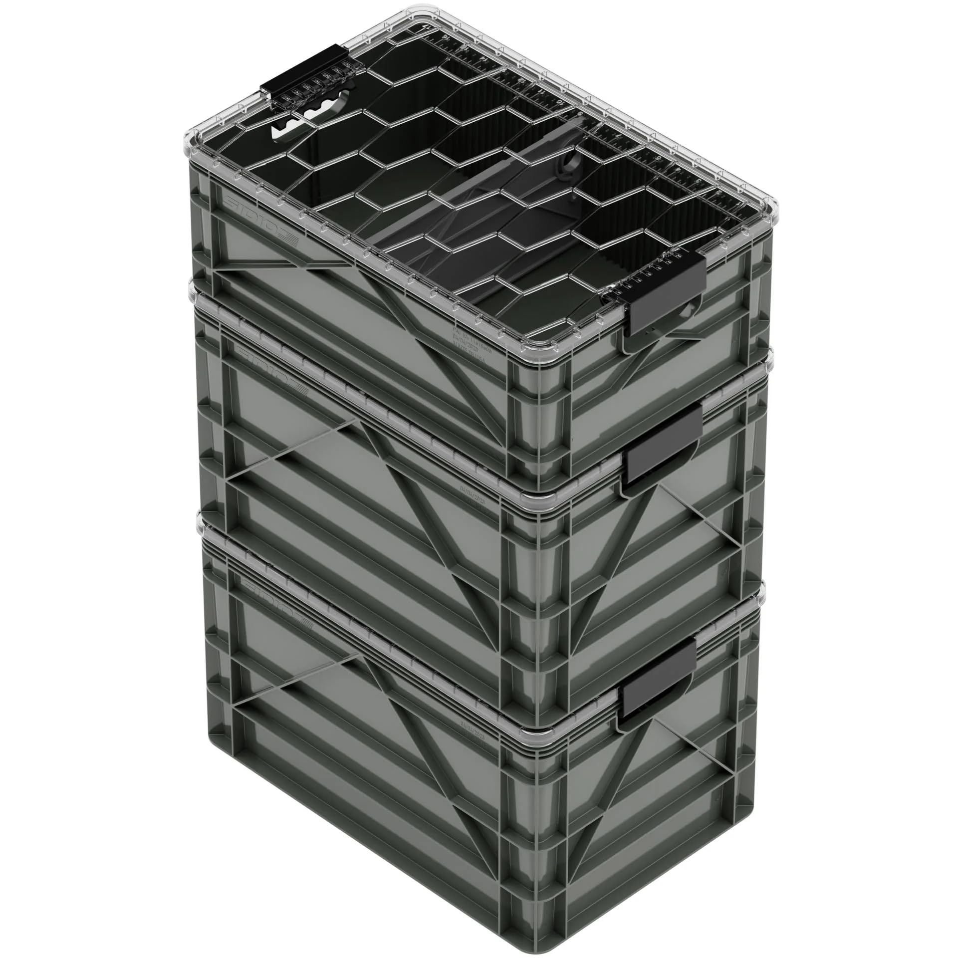 SIDIO CRATE Starter Pack - Two Full Size and One Half Size SidioCrate, Stackable Outdoor Organizer Storage Bins with Clear Lid and Dividers - Tan