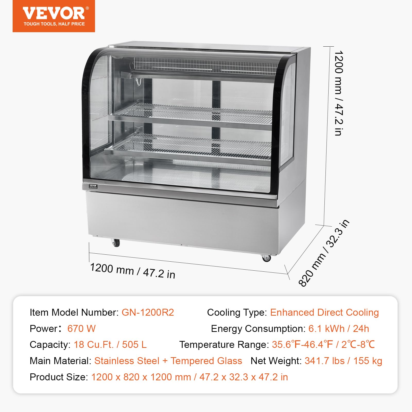 VEVOR Refrigerated Display Case, 3.5 Cu.Ft./100L, 2-Tier, Countertop Pastry Display Case Commercial Display Refrigerator with LED Lighting, TURBO Cooling, Frost-Free Air-Cooling, Rear Sliding Door