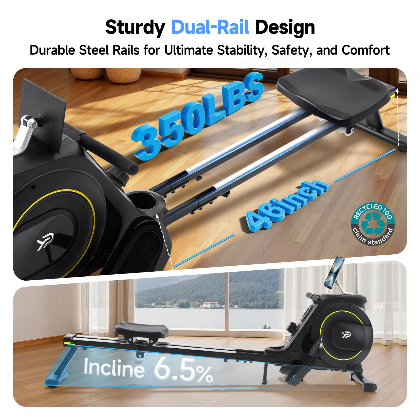 Rowing Machine for Home, 350 LB Capacity, 16-Level Silent Resistance, Magnetic Rowing Machines for Home Foldable, Full-Body Workout Compact Rowing Machine for Cardio & Strength with APP Support