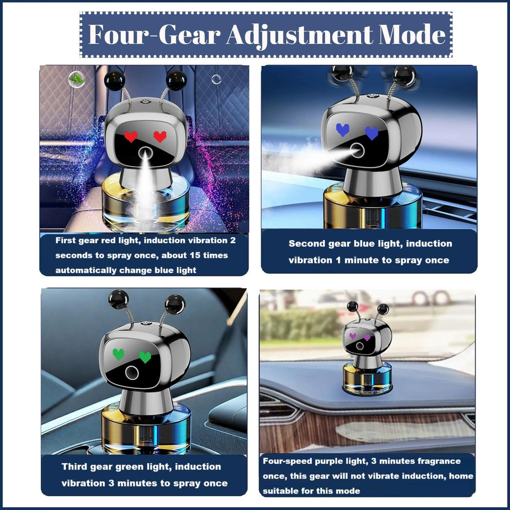 Robot Intelligent Aromatherapy Machine, Smart Cute Robot Car Air Freshener - Fine Spray/Fillable/Four-Gear Adjustment/Vibration Sensing/On-Off/Large Capacity Long-Lasting Fragrance/Black-V2(Cologne)