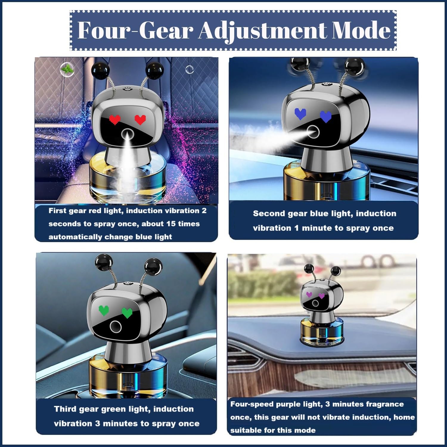 Robot Intelligent Aromatherapy Machine, Smart Cute Robot Car Air Freshener - Fine Spray/Fillable/Four-Gear Adjustment/Vibration Sensing/On-Off/Large Capacity Long-Lasting Fragrance/Black-V2(Cologne)