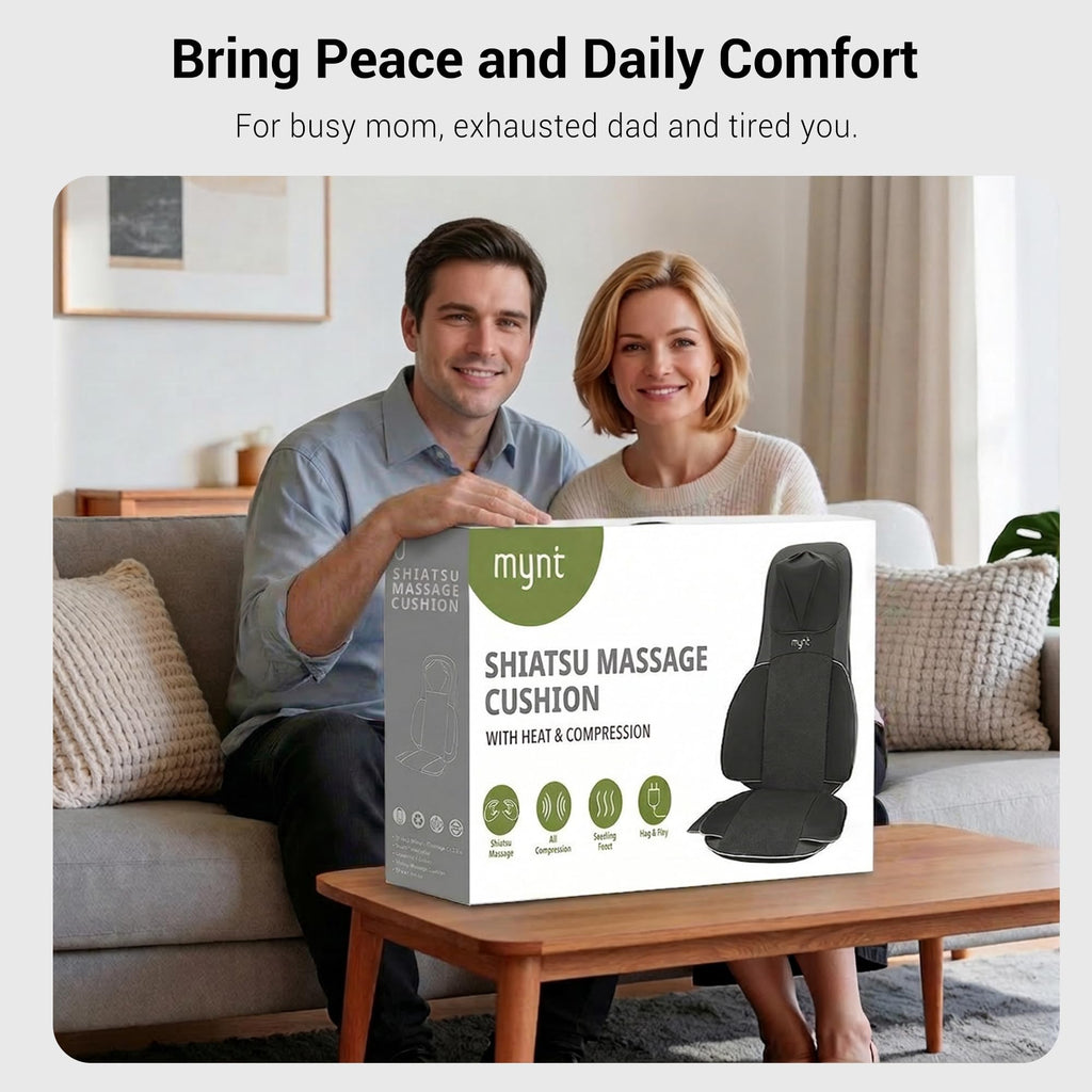 Mynt FSA Eligible HSA Approved Shiatsu Neck and Back Massager for Chair with 10 Deep Kneading Nodes, 2D & 3D Back Massage with Heat, Portable Spot Massage Chair Pad (Black)