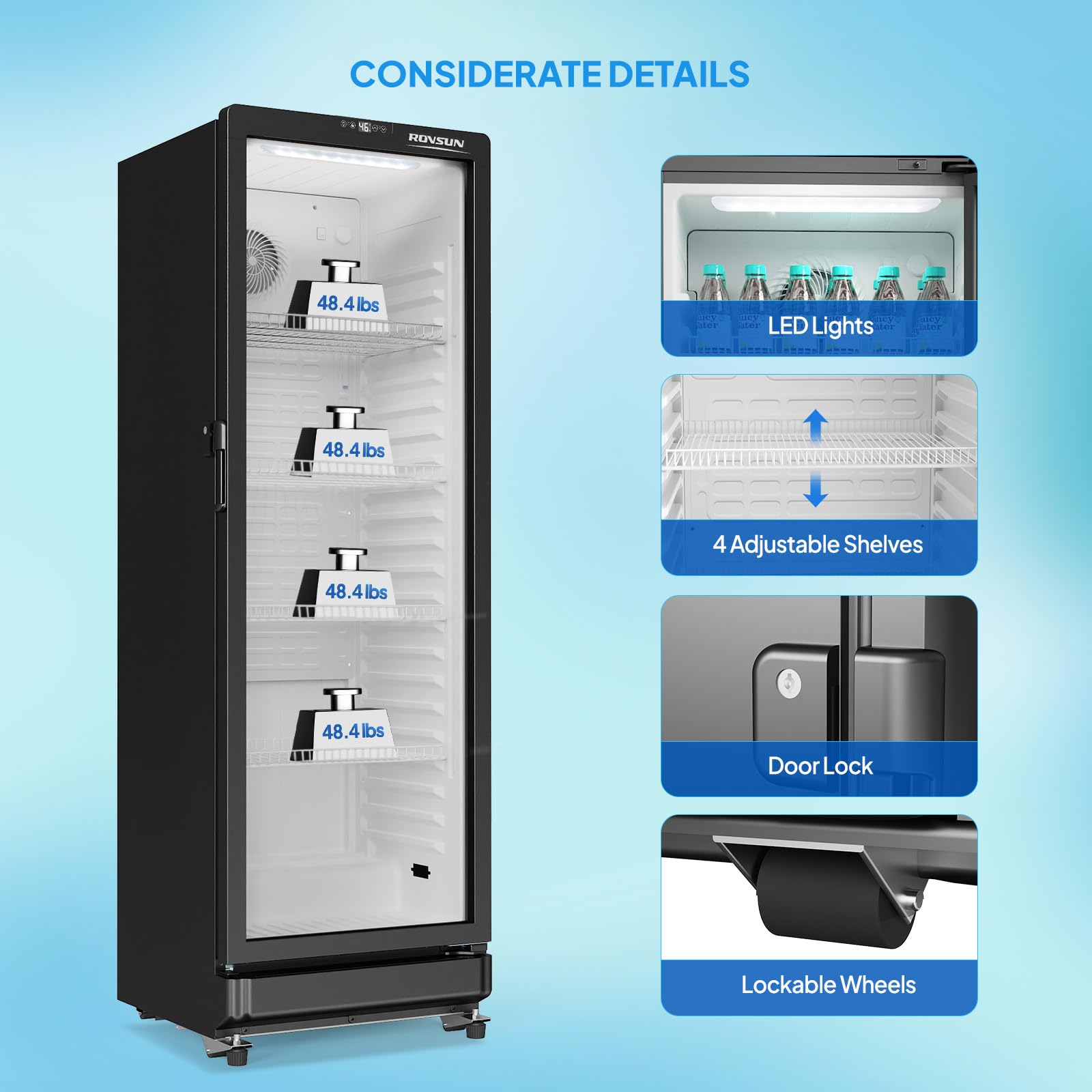 ROVSUN 8 Cu.Ft Commercial Refrigerator Display Refrigerator ETL NSF Certified, Slim Commercial Beverage Cooler Glass Door Merchandiser Drink Fridge w/Adjustable Shelves LED Light for Bar Restaurant
