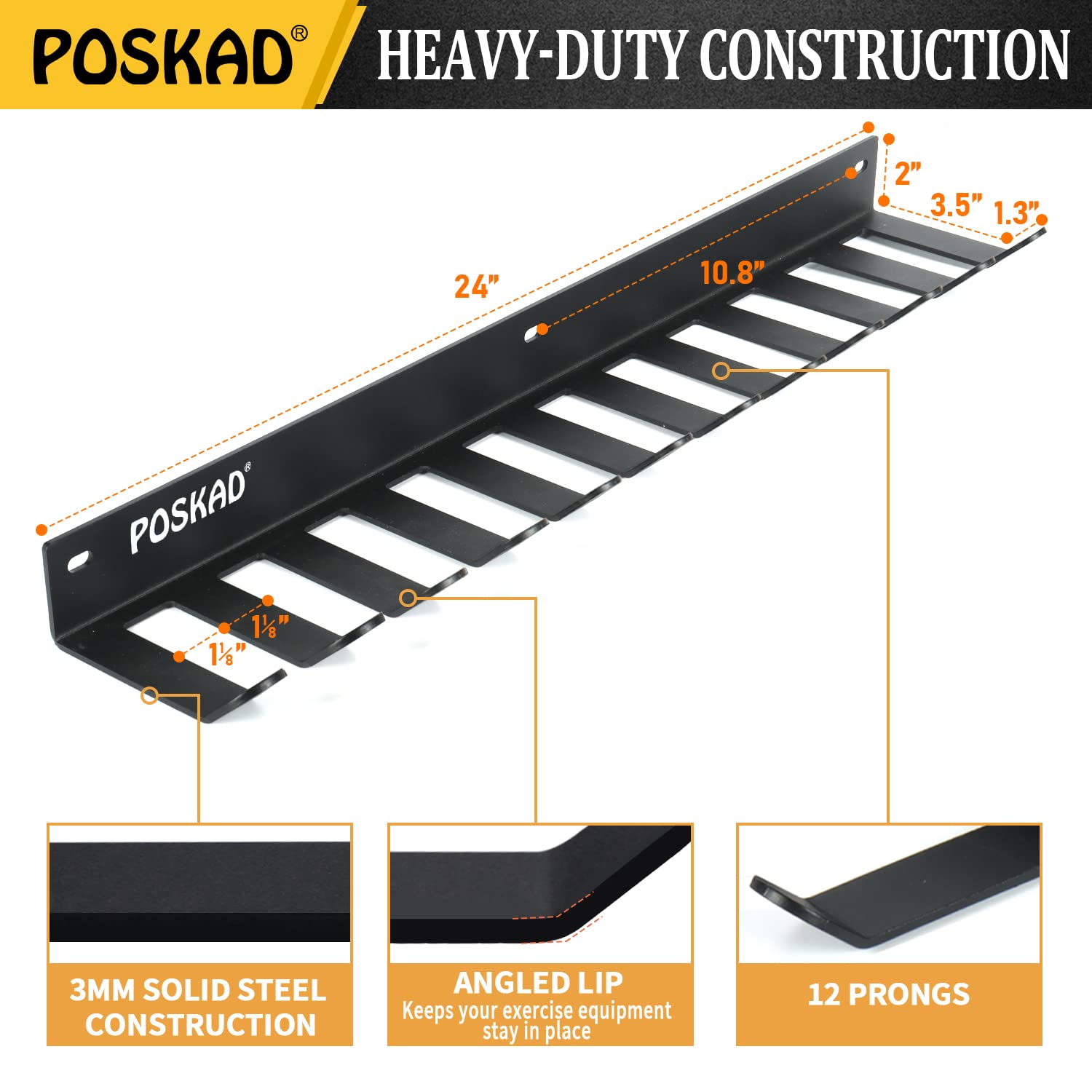 Poskad Multi-Purpose Gym Storage Rack,8 OR 12 Hook Heavy-Duty Steel Gym Organizer Wall Mount Hanger for Home and Pro, Gym Accessory Storage Resistance Bands,Jump Ropes,Lifting Belt,Barbells.