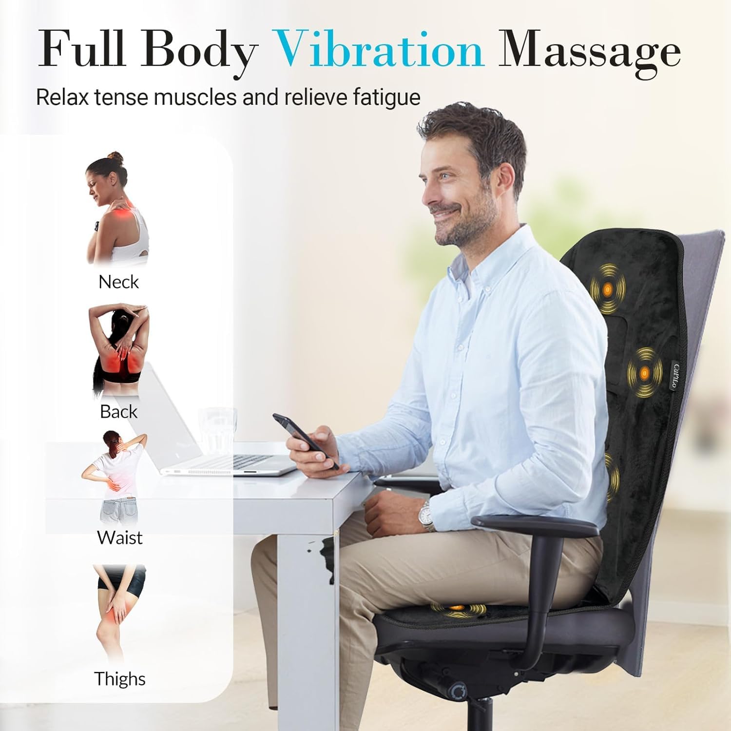 Back Massager with Heat, Massage Chair Pad with 5 Vibrating Modes, 2 Heat Levels Electric Massage Seat Cushion, Massage Pad for Back Pain Relief, Fathers Day Dad Gifts for Men Husband Him Mom Her