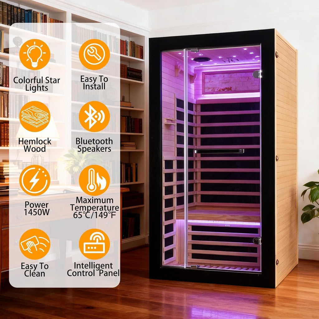 2 Person Infrared Sauna Far Infrared Sauna Room for Home Indoor 2000W Low-EMF Wood Dry Sauna with Full Starry Sky Lights Ceiling in 7 Color Speaker Fast Heating Easy Assembly- 47.3*41.3*74.8 IN