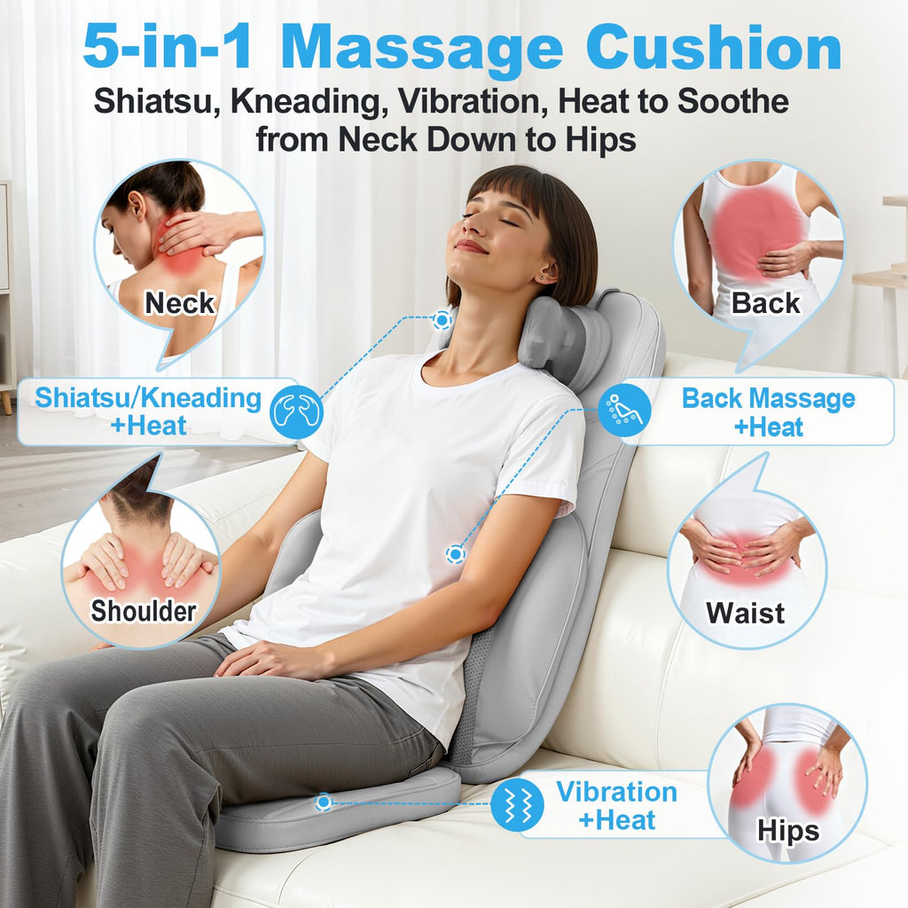 Shiatsu Neck Back Massage Cushion with Heat - 4D Kneading Massager w/Vibration, Dual-Neck Design, Adjustable Intensity/Height, Ease Muscle Tightness from Long Sitting, for Office, Home, Blue