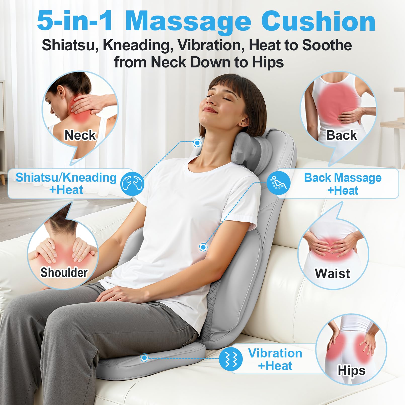 Shiatsu Neck Back Massage Cushion with Heat - 4D Kneading Massager w/Vibration, Dual-Neck Design, Adjustable Intensity/Height, Ease Muscle Tightness from Long Sitting, for Office, Home, Blue