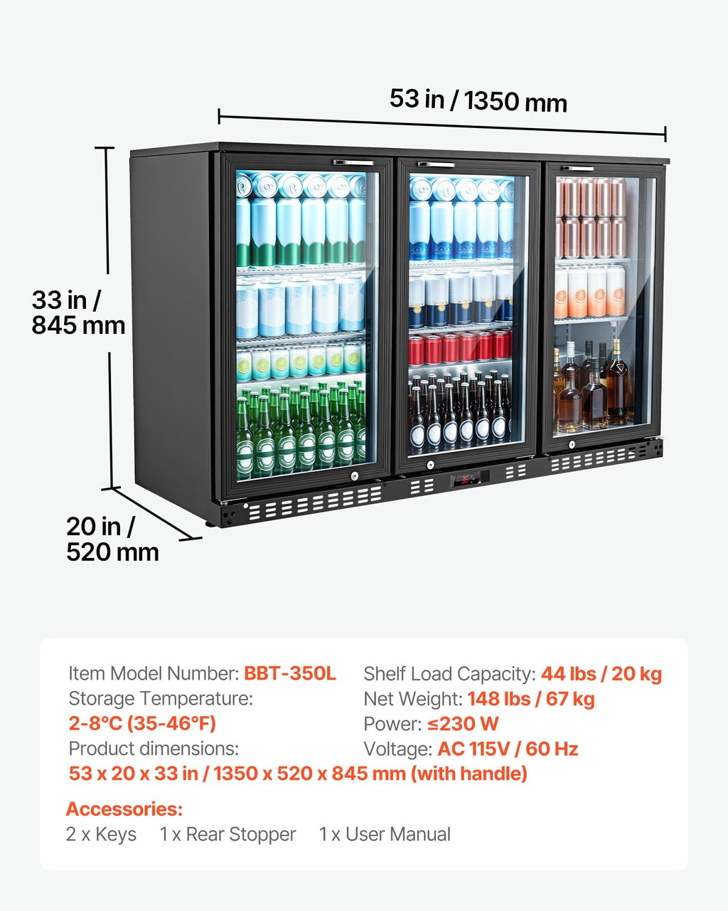 VEVOR Back Bar Cooler, 11.8 Cu. Ft Counter Height Beverage Refrigerator, Commercial Display Fridge w/ 2 Glass Doors, LED Lighting, Shelves, Fan Cooling Beer Wine Cooler for Pub, Merchandiser, Office