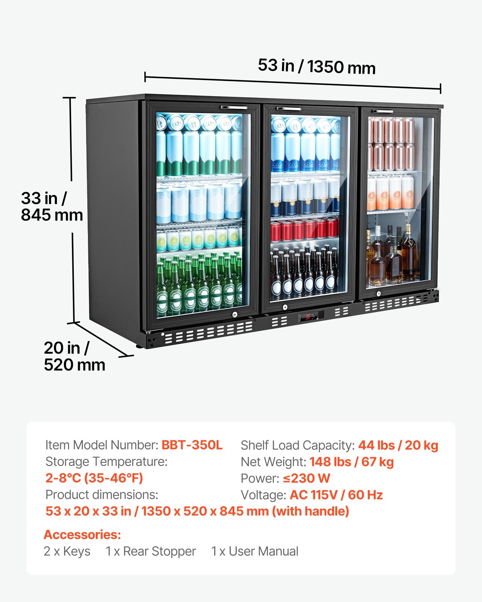 VEVOR Back Bar Cooler, 11.8 Cu. Ft Counter Height Beverage Refrigerator, Commercial Display Fridge w/ 2 Glass Doors, LED Lighting, Shelves, Fan Cooling Beer Wine Cooler for Pub, Merchandiser, Office