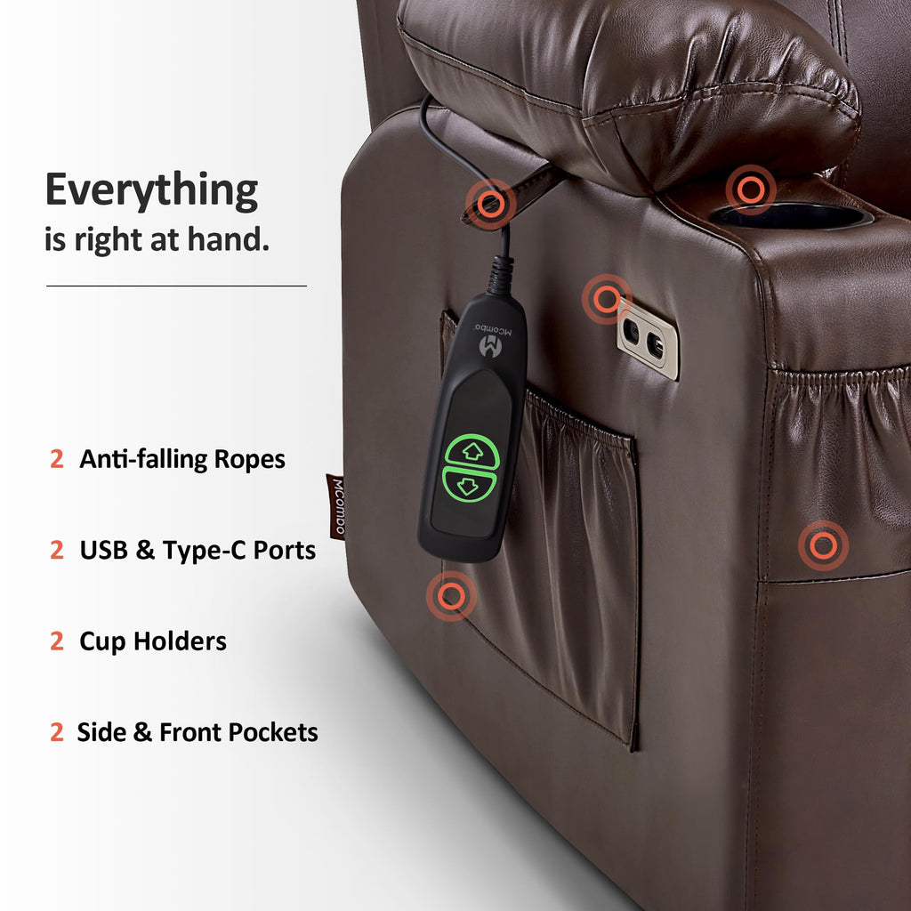 MCombo Electric Power Lift Recliner Chair Sofa with Massage and Heat for Elderly, 3 Positions, 2 Side Pockets, and Cup Holders, USB Ports, Faux Leather 7040 (Grey, Medium)