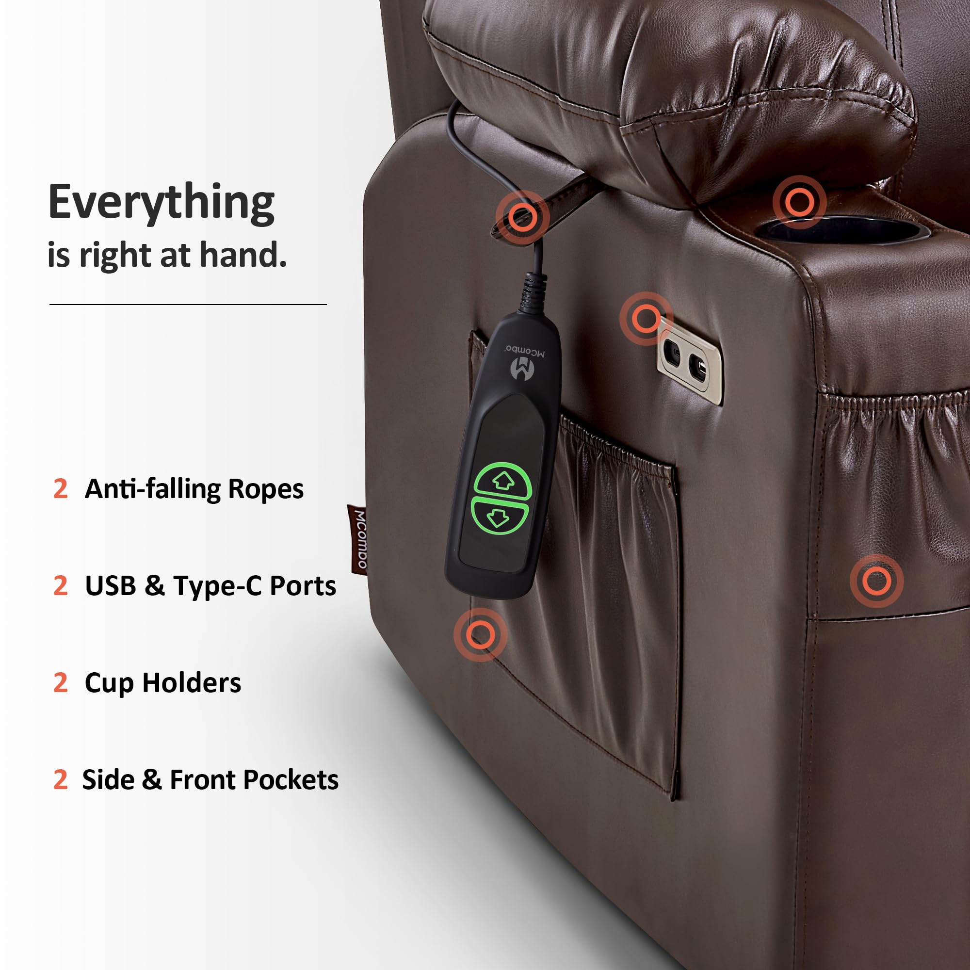 MCombo Electric Power Lift Recliner Chair Sofa with Massage and Heat for Elderly, 3 Positions, 2 Side Pockets, and Cup Holders, USB Ports, Faux Leather 7040 (Grey, Medium)