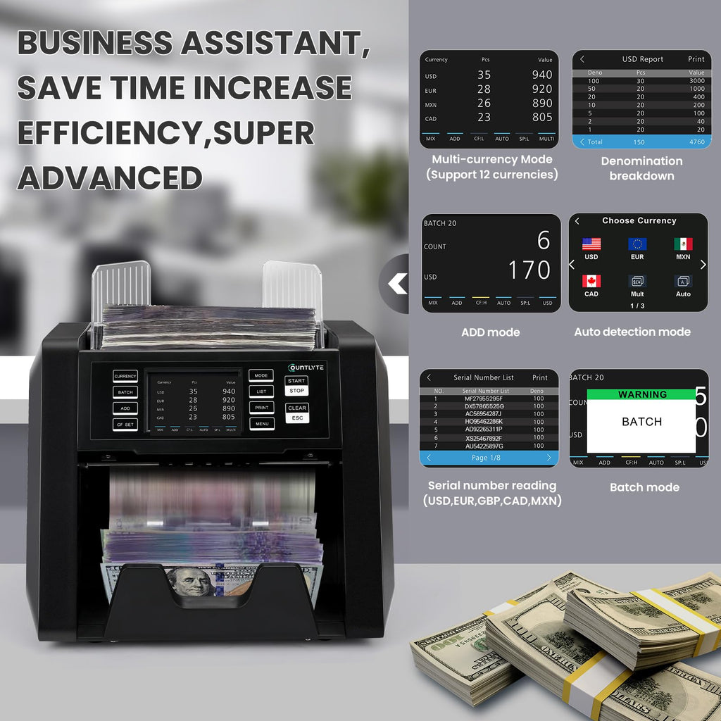 C-N30A Mixed Denomination Money Counter Machine,Value Counting,Multi Currency,CIS/UV/MG/IR Counterfeit Detection Bill Counter,Printer Enabled,Touch Screen,Cash Counter