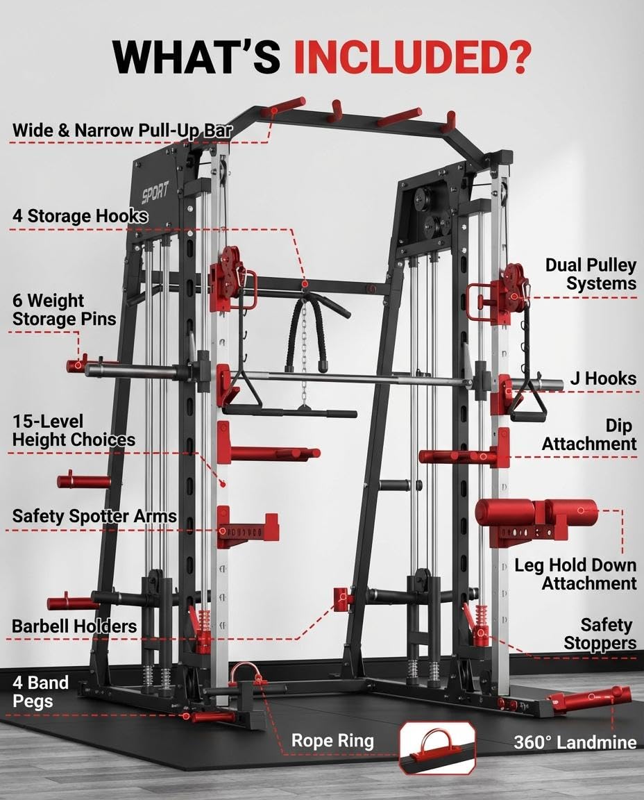 Smith Machine Home Gym, 2200LB Power Cage with Dual Pulley Cable Systems, LAT Pull-Down, Leg Hold-Down & 20+ Attachments for Full Body Workouts
