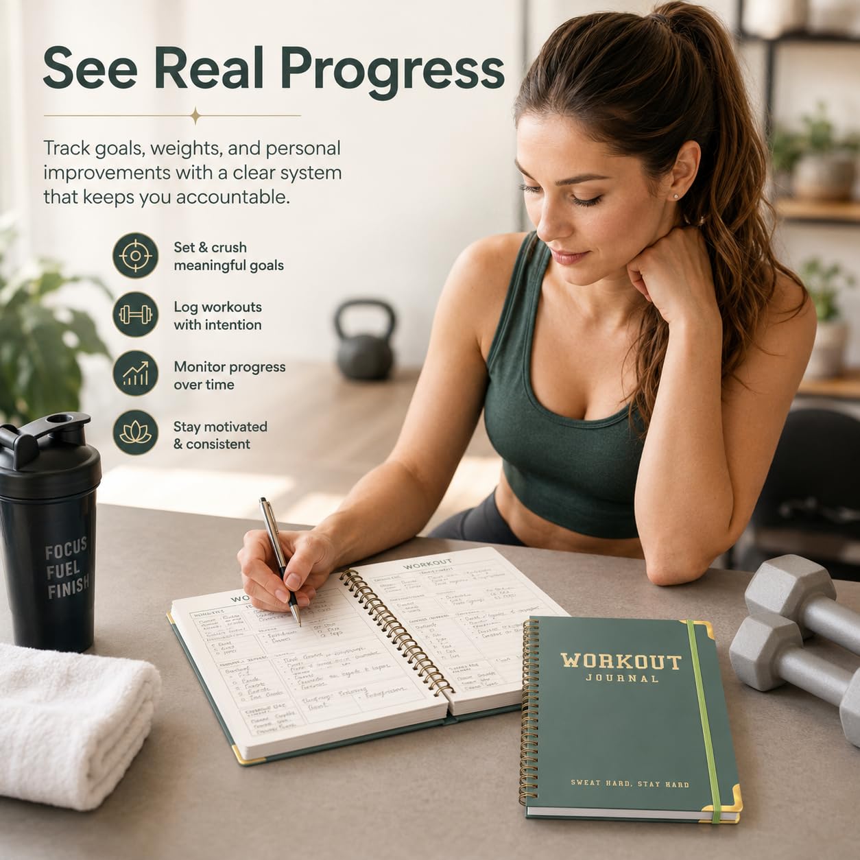 Workout Journal Fitness Tracker Planner for Men & Women, Exercise Log Book to Track Gym & Home Training, Goals, Sets, Reps & Progress, 142 Pages, A5 5.7" x 8.2" Portable Hardcover with Metal Corners, Green