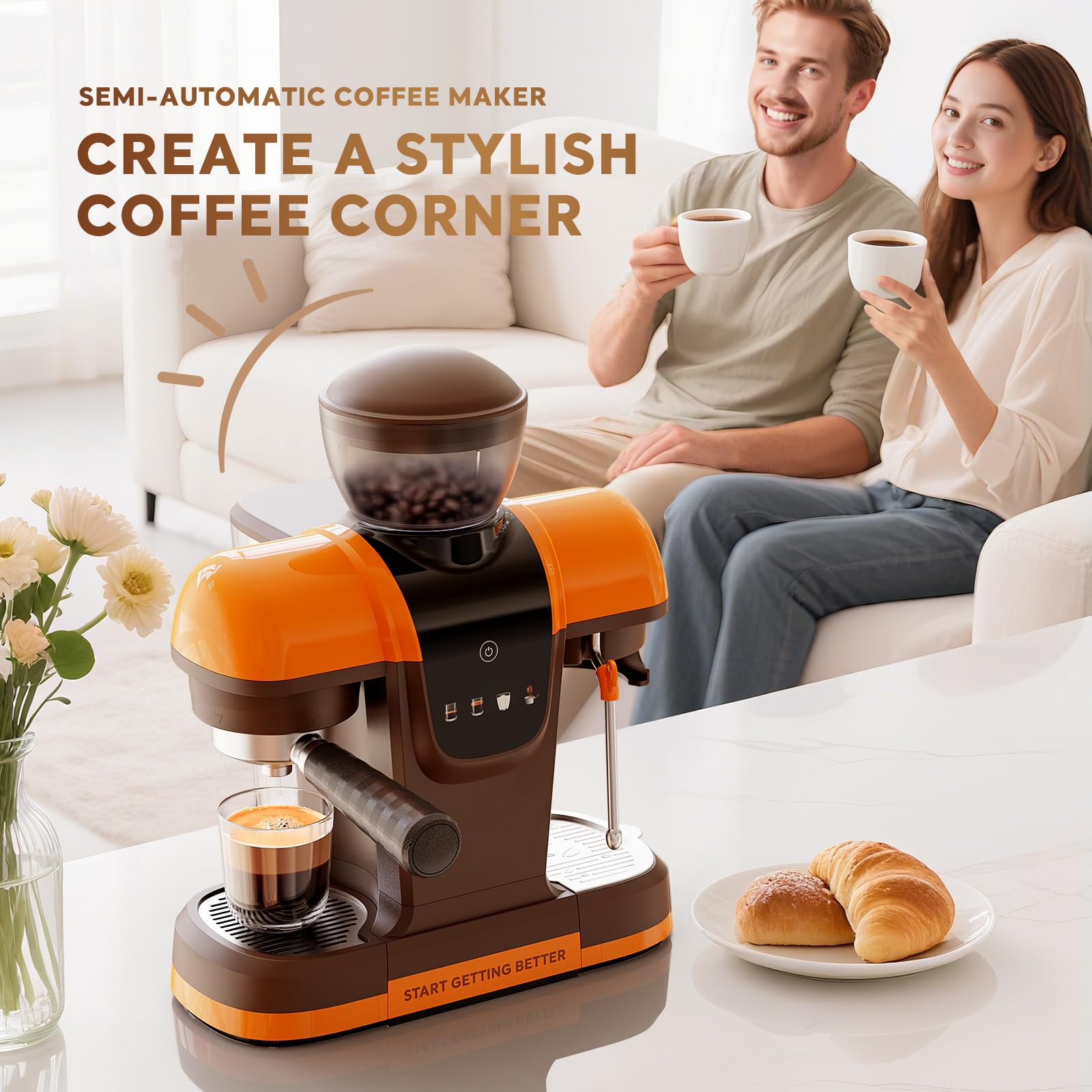 20 Bar Espresso Machine with Grinder & Steam Wand - Semi Automatic Coffee Maker, NTC Intelligent Temp Control, 58mm Stainless Steel Portafilter, One-Touch Panel for Home Barista (BLACK)