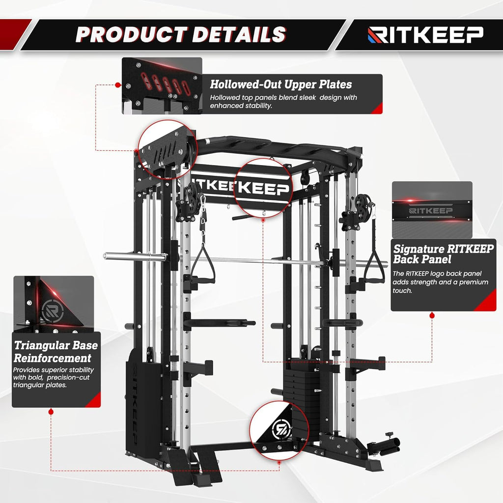 RitKeep PMAX-5600 Pro Heavy-Duty Smith Machine Squat Rack with 320 LB Weight Stacks, 6-in-1 Multi-Function Home Gym System, Dual Cable Crossover and 2000 LB Capacity for Full-Body Strength Training