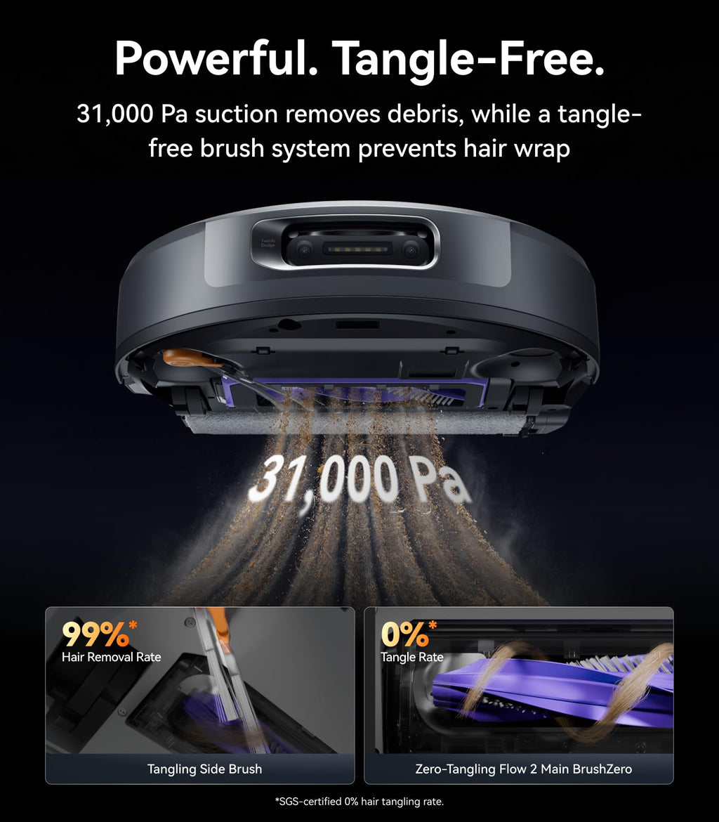 NARWAL Flow 2 Robot Vacuum and Mop Combo, 31,000Pa Suction, FlowWash Self-Cleaning Mop, AI Object Recognition, Self-Emptying & Refilling, 212℉ Hot Water Mop Washing & Drying, Tangle-Free Design