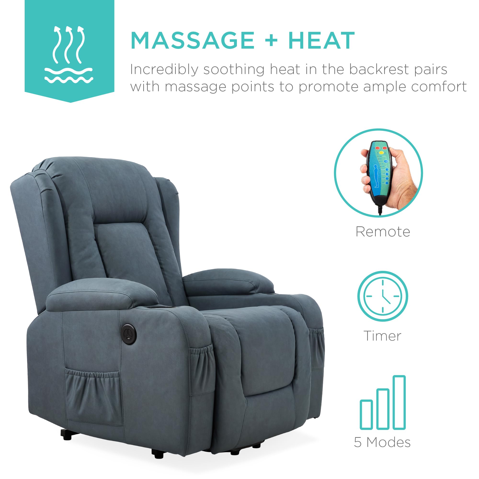 Best Choice Products PU Leather Electric Power Lift Chair, Recliner Massage Chair, Adjustable Furniture for Back, Legs w/ 3 Positions, USB Port, Heat, Cupholders, Easy-to-Reach Side Button - Olive