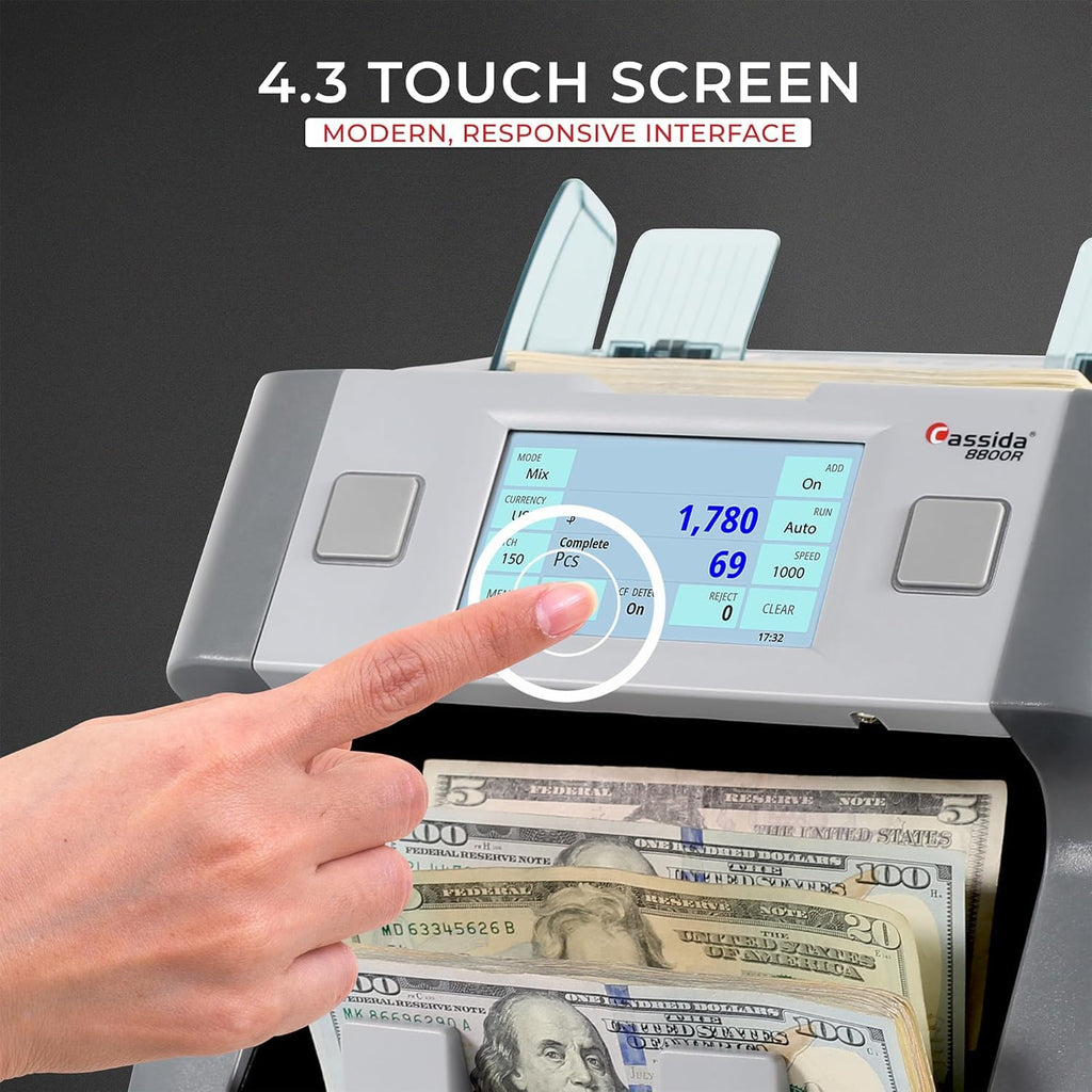 Cassida 9900R V2 2-Pocket Premium Bank Grade Money Counter Machine Mixed Denomination, Bill Sorter, Value Counting, Printer Enabled, 2 CIS, UV/MG, IR/IT Counterfeit Detection with Built-in Printer