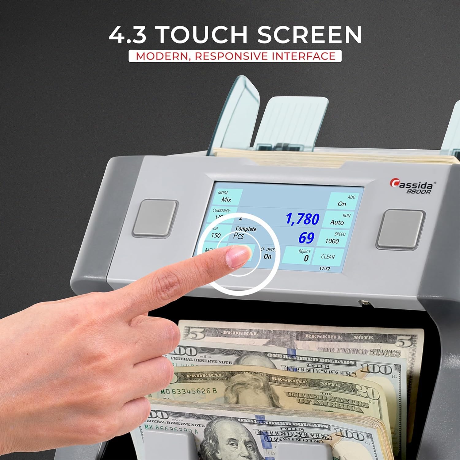 Cassida 9900R V2 2-Pocket Premium Bank Grade Money Counter Machine Mixed Denomination, Bill Sorter, Value Counting, Printer Enabled, 2 CIS, UV/MG, IR/IT Counterfeit Detection with Built-in Printer