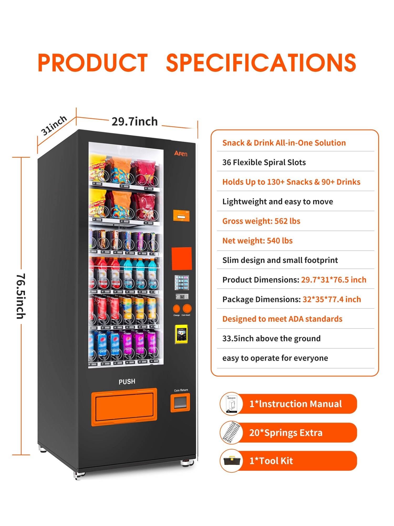AFEN Commercial Vending Machine, 36 Slot Snack and Drink Combo Vending Machine Refrigerated Smart Mini Vending Machine for Business, Mobile Management, with Card Reader Only