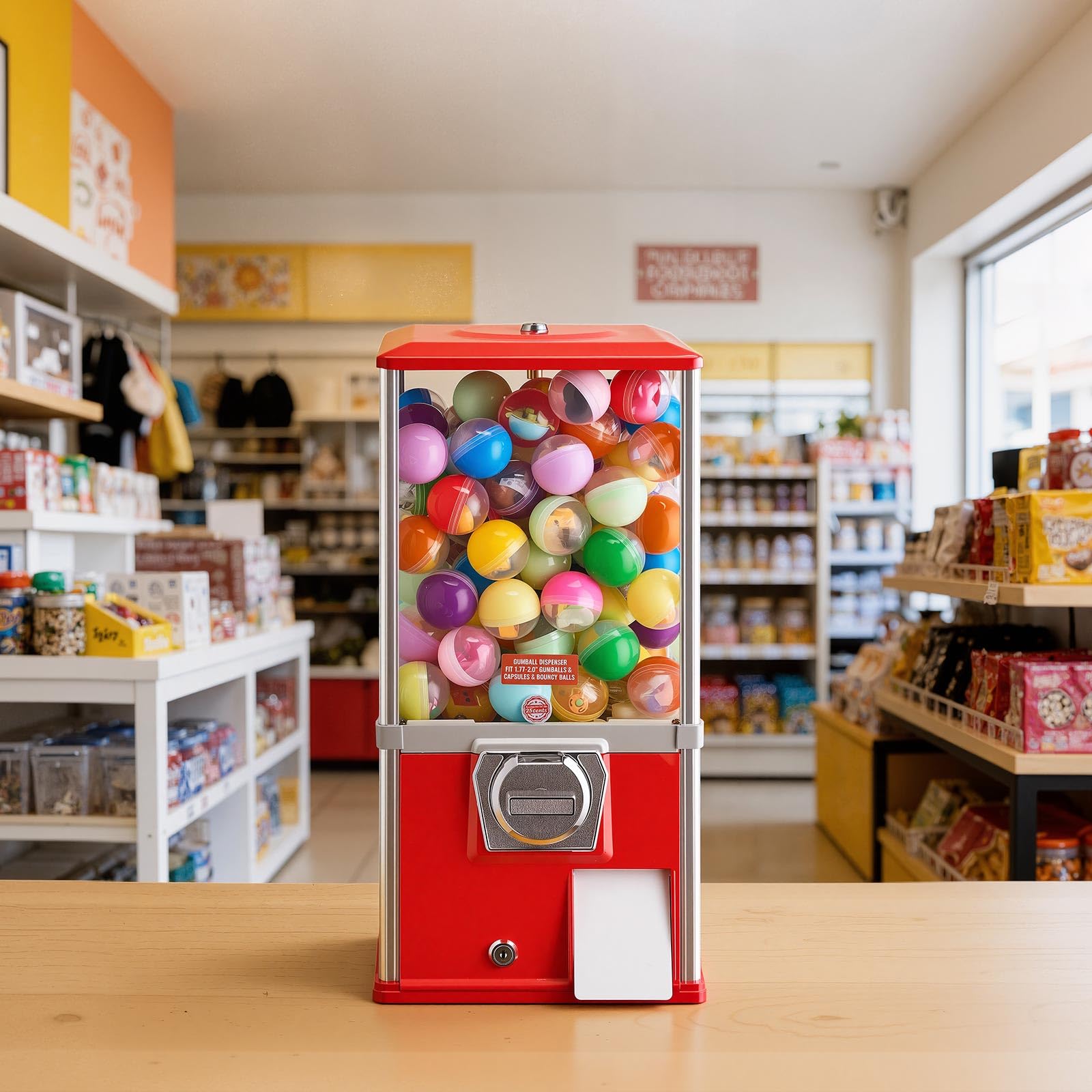 VEVOR Gumball Machine for Kids, 25" Height Home Vending Machine, PS Bouncy Balls Dispenser, Hold 230 Capsule Toys, Rectangle Bubble Gum Machine for Game Stores, Coin Operated Gumball Bank, Red