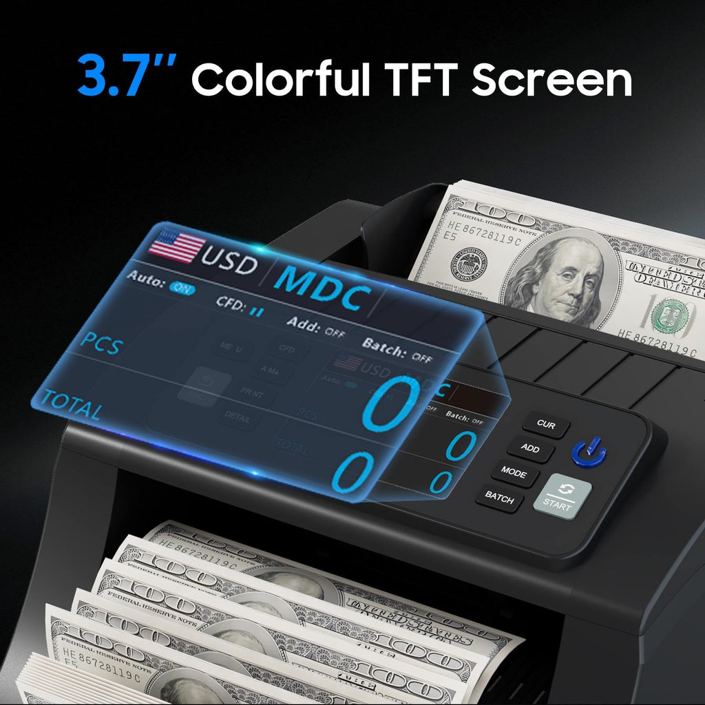 Money Counter Machine Pro 2.0 Dual-Motor, Dollar Euro MT/UV/MG/IR/DD/DBL/HLF/CHN，Cash Counter Machine with Value Add Batch Modes (LCD Display)