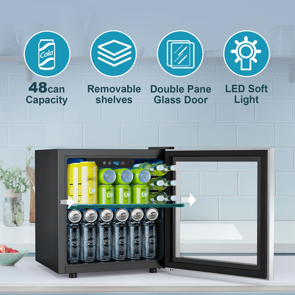 Electactic 50 Cans Beverage Refrigerator Cooler, 1.3 Cu.ft Mini Fridge Countertop Drink Cooler with Glass Door for Beer, Soda,Wine, Adjustable Digital Temperature Control for Home Dorm Bar, Black
