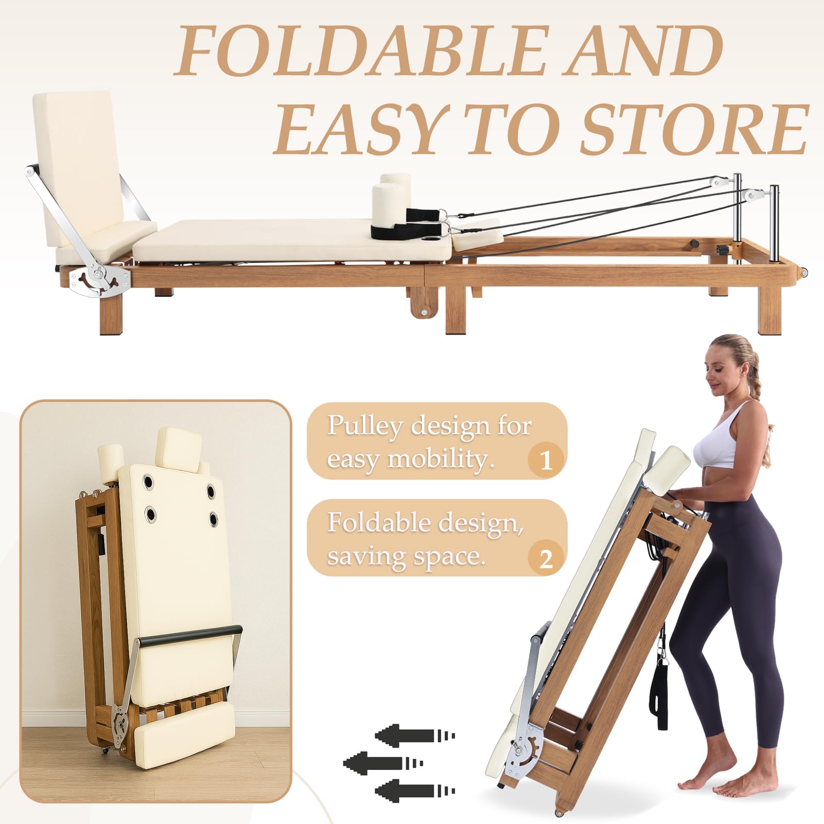 Foldable Pilates Reformer Machine – 88" Long Imitation Wood Frame with Jumpboard & Box Included, Dual Resistance System (Springs + Latex Tubes) for Full Body Workout, Home Gym Equipment for Women Men