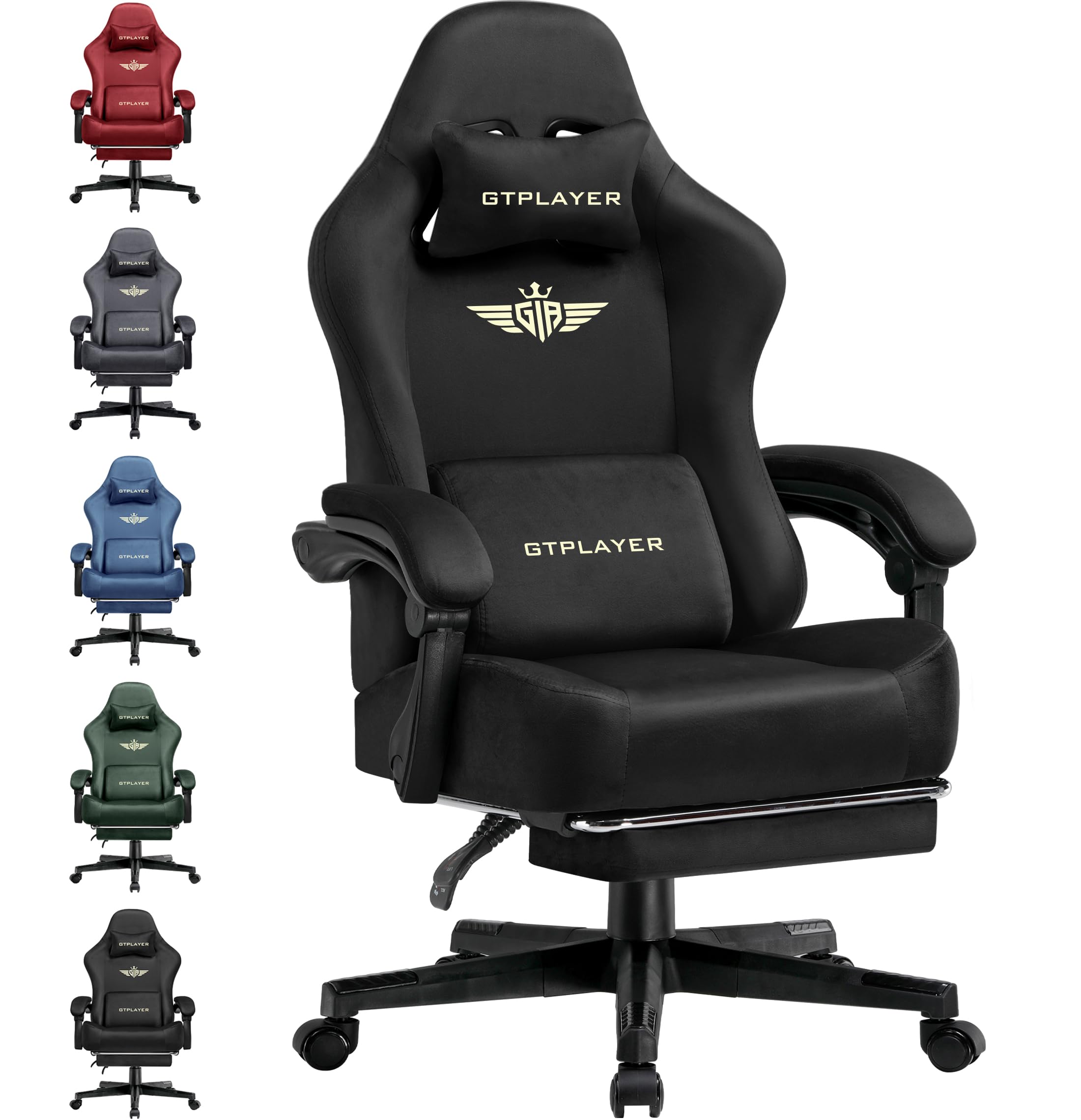 GTPLAYER Gaming Chair with Pocket Spring Cushion, Big and Tall Gamings Chairs 350LBS High Back Computer Chair with Footrest for Adults Lumbar Support Swivel Game Chair for Office,Leather Black-Massage