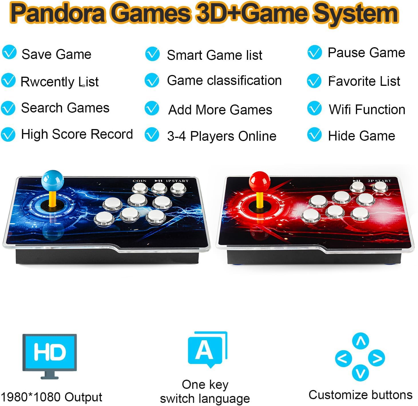 35000 Games in 1 Pandora Box Retro Arcade Game Console with Two Separate Host for PC & Projector & TV 3D 1-4 Players Category Favorite List Save/Search/Hide/Pause/Delete