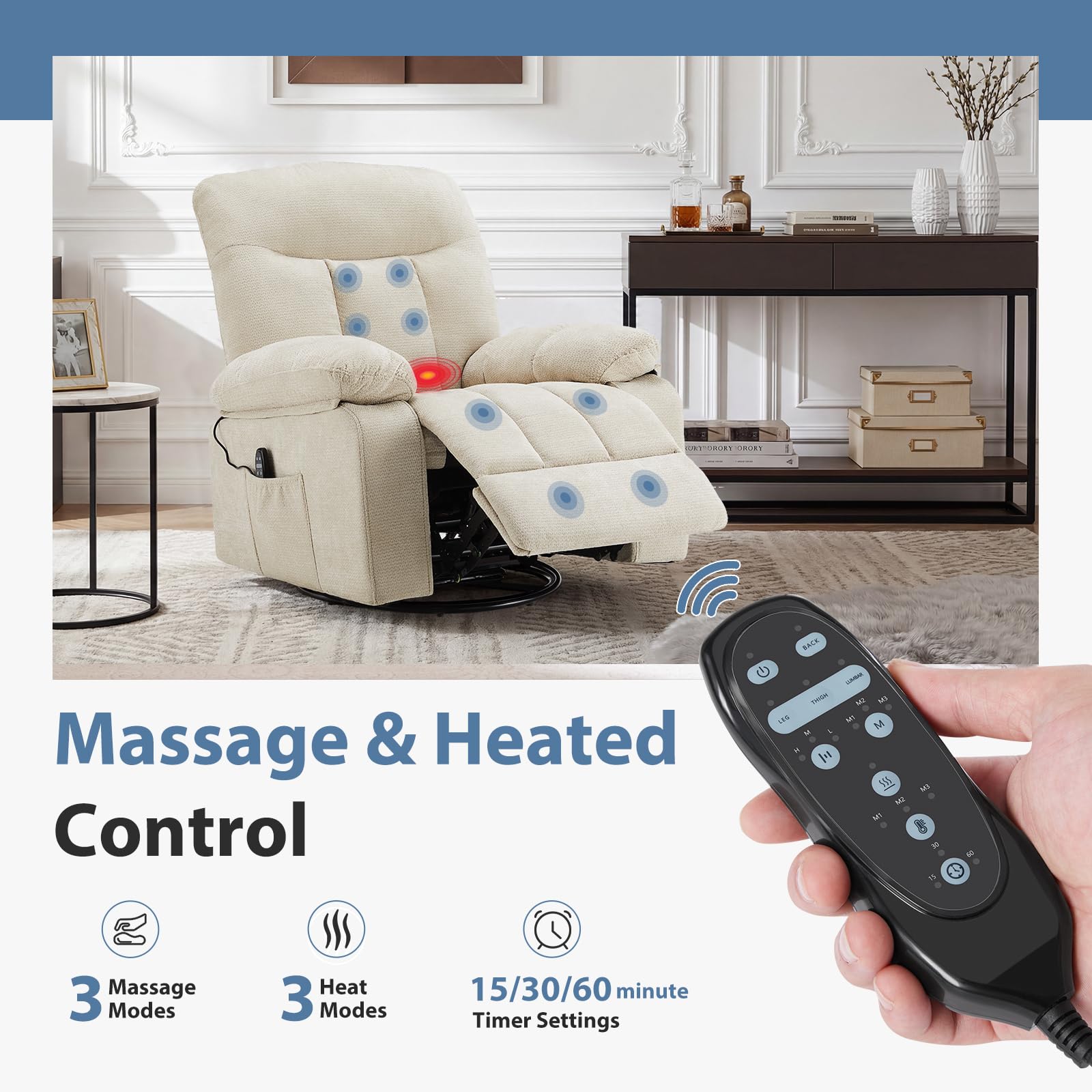 DUMOS Rocker Recliner Chair, Swivel Recliner with Vibration Massage & Lumbar Heating, 270° Rotating Chenille Fabric Recliner with footrest for Living Room & Bedroom, Grey