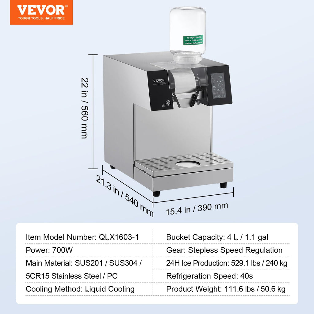 VEVOR Commercial Snowflake Ice Machine, 397LBS/24H Snowflake Ice Maker, Stainless Steel Ice Shaver Machine, Electric Snow Cone Maker, Liquid Cooling System for Rapid Heat Dissipation, Ice Cream