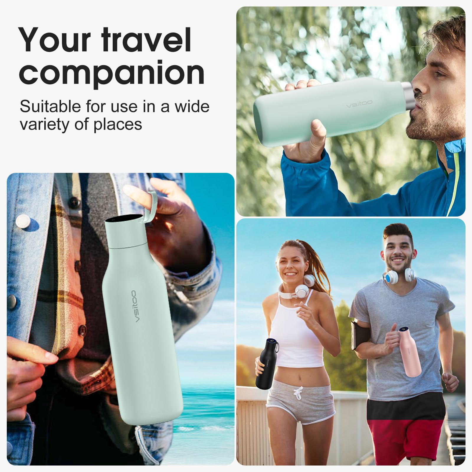 VSITOO 33oz Smart Self-Cleaning Water Bottle，Large Insulated Stainless Steel Bottle with AI Self-Clean, 30-Day Battery & Magnetic Charging for Outdoor Travel, Gym or Office, Pink