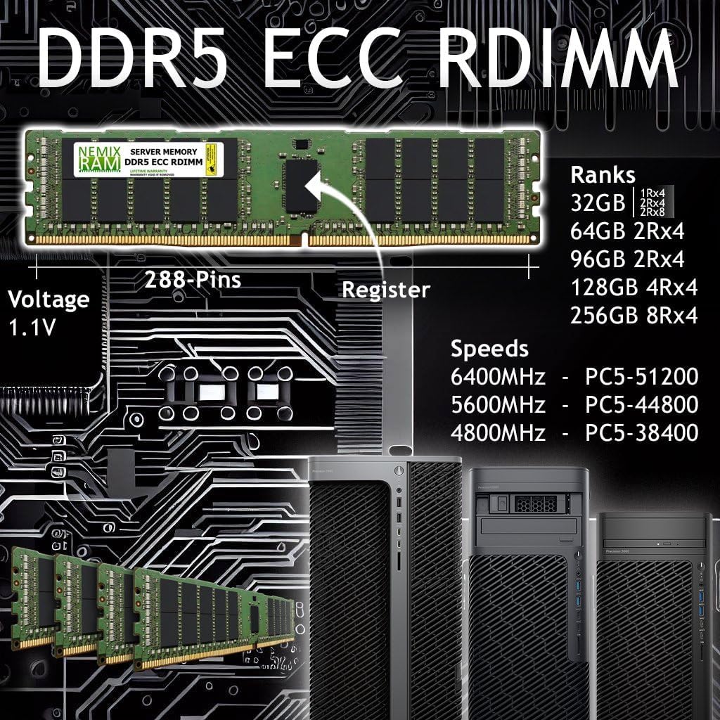 128GB 2X64GB DDR5 4800MHz PC5-38400 2Rx4 1.1V CL40 288-PIN ECC Registered RDIMM NEMIX RAM Server Memory KIT