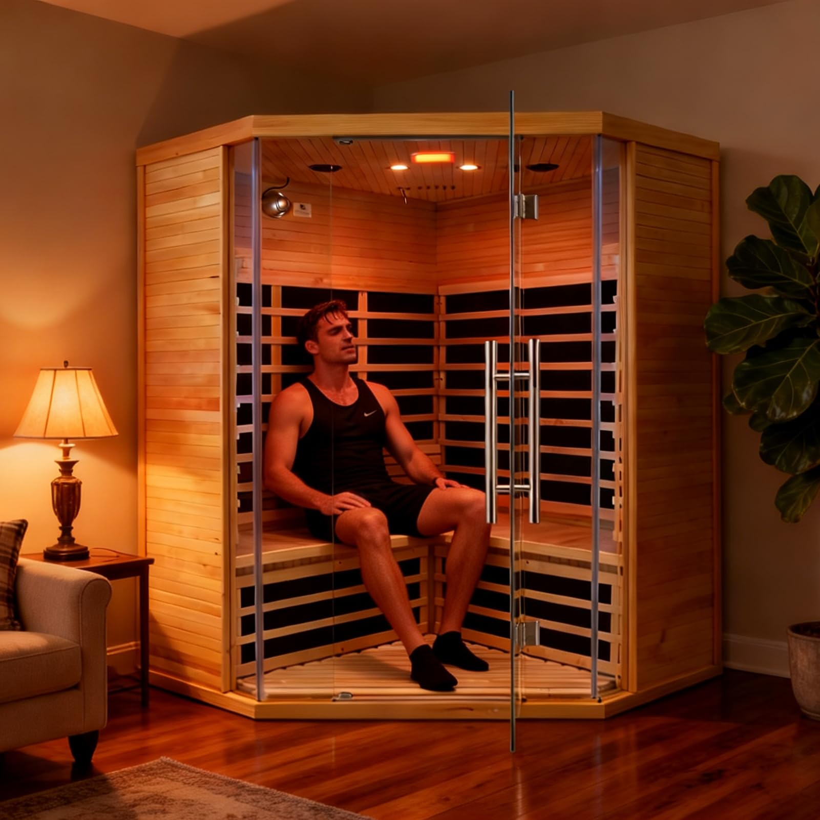 1350W Far Infrared Home Sauna, Energy-Efficient Fast-Heating Indoor Sauna Room with Bluetooth & 7-Color Therapy, Canadian Hemlock Wood, Modular Design - Ideal for Home Gym, Family Relaxation