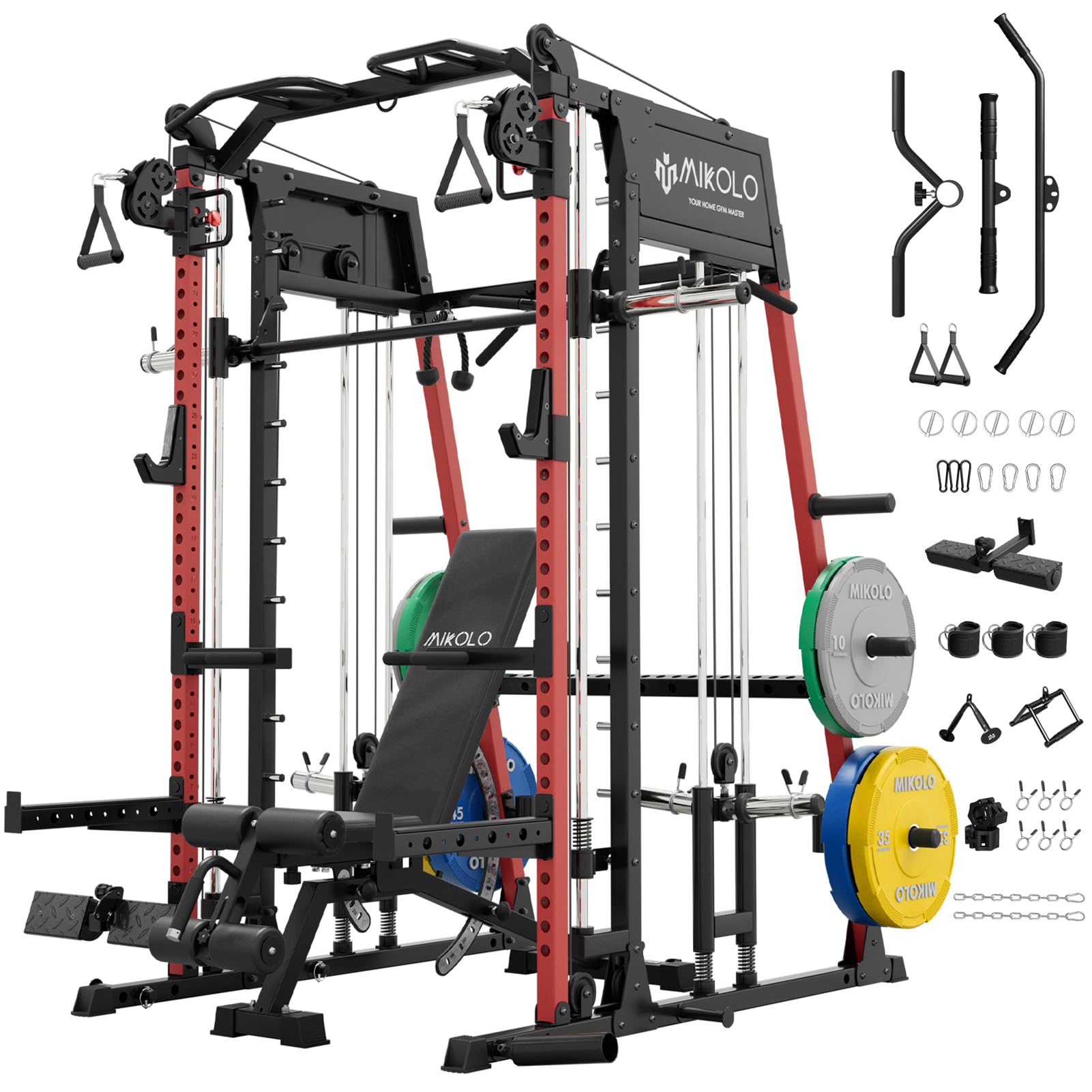 Mikolo M4 2.0 Smith Machine, 2200lbs Squat Rack with LAT-Pull Down System & Cable Crossover Machine, Training Equipment with Leg Hold-Down Attachment
