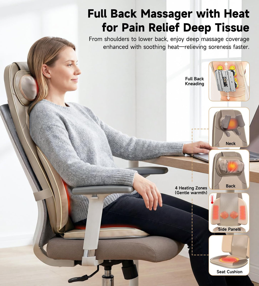 Shiatsu Neck and Back Massager for Chair with Heat, 2 Interchangeable Attachments Full Back Massage Pad Deep Tissue, Adjustable Height 3-Level Intensity for Office Home, Masajeador de Espalda, Khaki