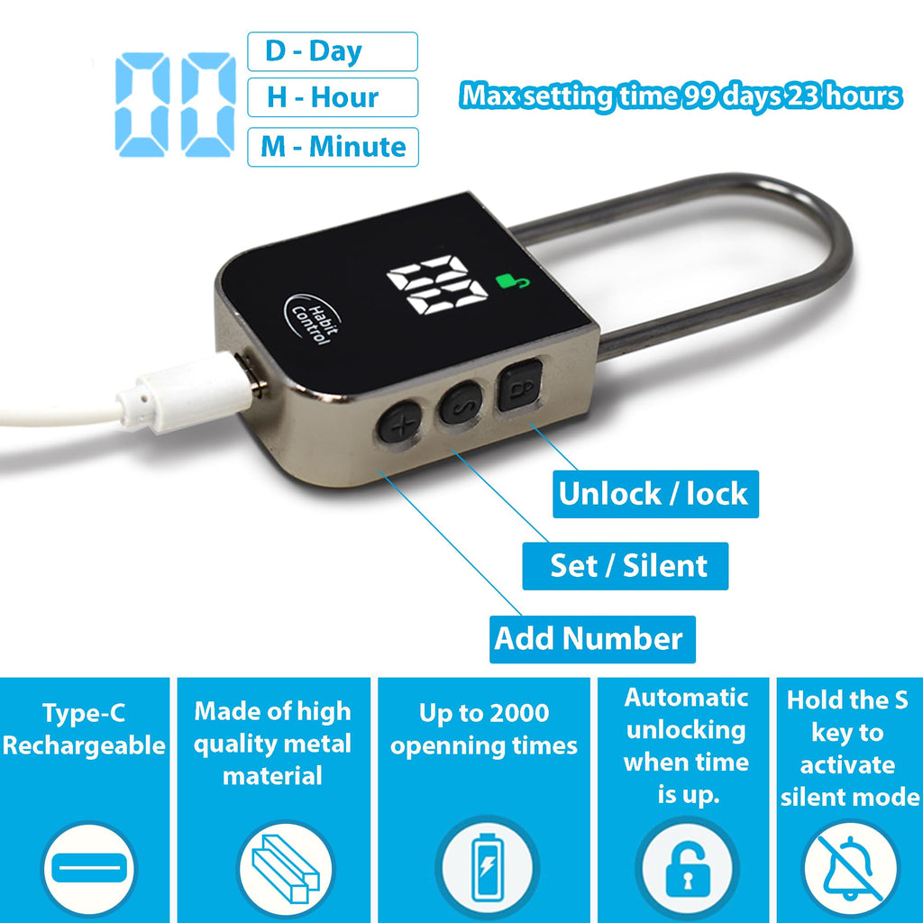 Metal Timer Lock - Smart Padlock for Kitchen Cabinets, Timed Out Keyless Pad Lock, Electronic Time Locking Lock for Cell Phones, Snack, Liquor, Game Consoles & Other Unwanted Temptations